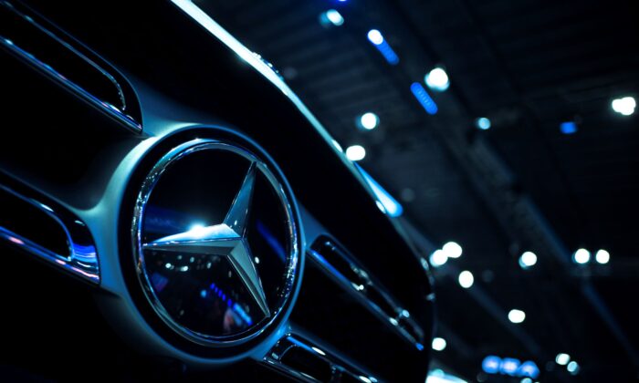 The Mercedes-Benz logo at the 43rd Bangkok International Motor Show in Bangkok, Thailand, on March 22, 2022. (Athit Perawongmetha/Reuters)