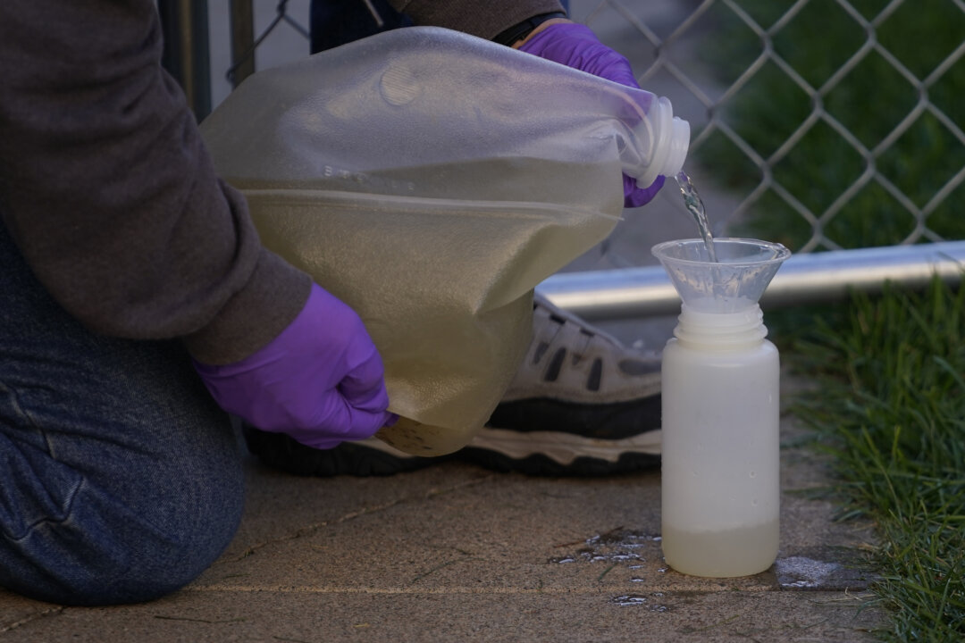 Ryan Dupont, Utah State University Professor of Civil & Environmental Engineering, collects sewage samples from the dorms at Utah State University in Logan, Utah, on Sept. 2, 2020, to test for COVID-19. (Rick Bowmer/AP Photo)