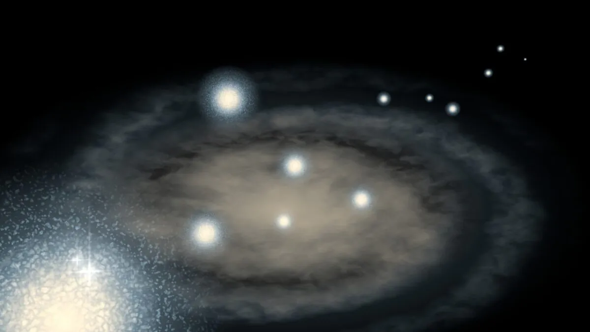 Illustration depicting Dulais Structure globular clusters strewn through Andromeda. (Image supplied by Prof. Geraint Lewis/ University of Sydney)