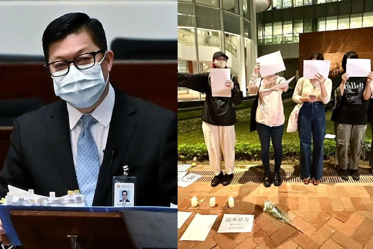 (Left) Chris Tang Ping-keung, Secretary for Security of Hong Kong (Sung Pi-lung/The Epoch Times); (Right) A number of mainland students from the University of Hong Kong held up blank papers to offer their support of the "white paper revolution" on mainland China, on Nov. 29, 2022. (Sung Pi-lung/The Epoch Times)