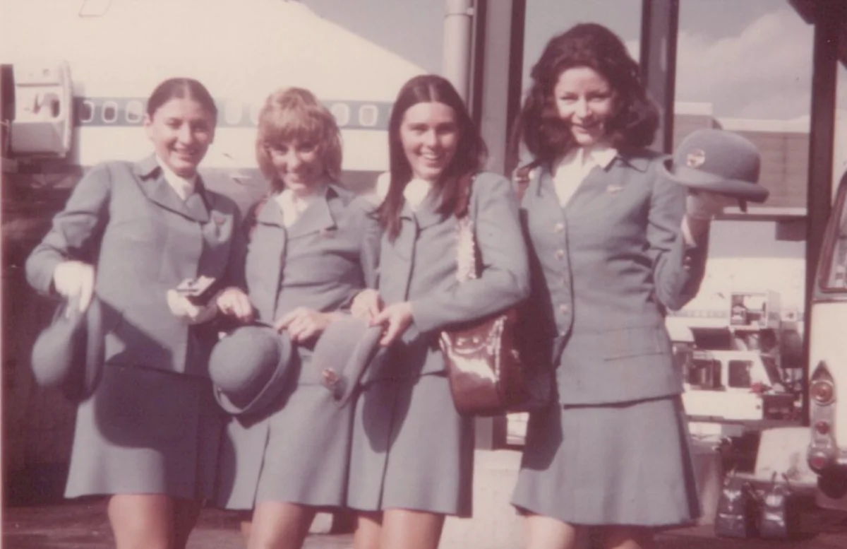 Renée Chenette (second from left) with fellow Pan Am stewardesses about to board a 747. (Courtesy of Renée Chenette)