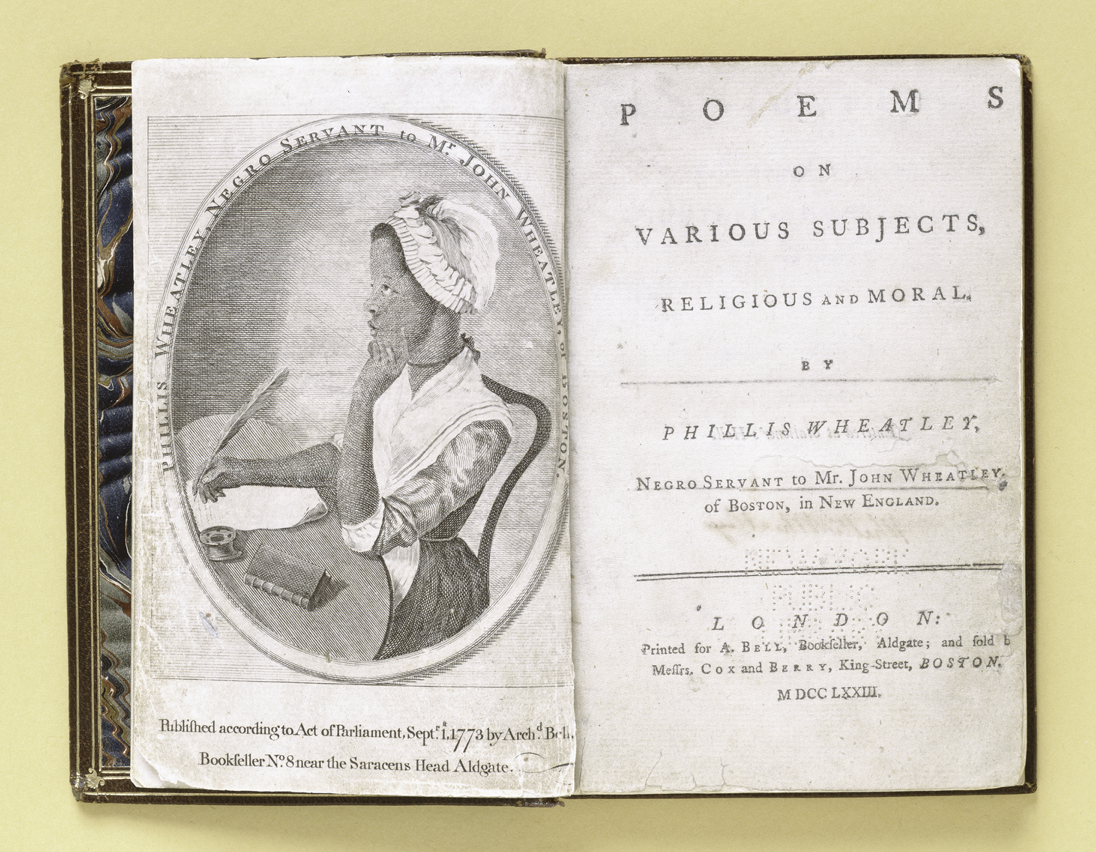 A page from the 1773 publication of “Poems” by Phillis Wheatley won wide acclaim among her readers on both sides of the Atlantic. (New York Public Library)