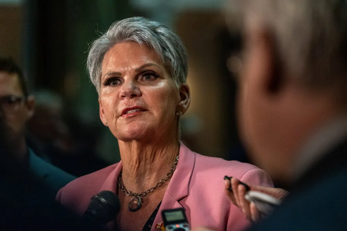 Saskatchewan Minister of Corrections, Policing and Public Safety Christine Tell speaks to members of media after the speech from the throne at the Saskatchewan Legislature in Regina, on Oct. 26, 2022. (The Canadian Press/Heywood Yu)
