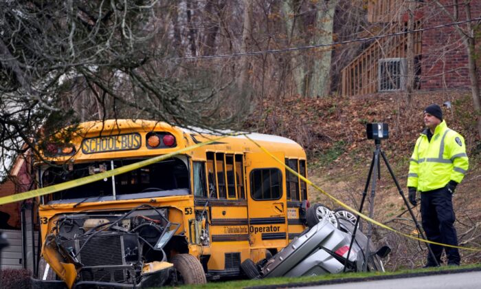 A school bus involved in an accident is seen in New Hempstead, N.Y., on Dec. 1, 2022. (Seth Wenig/AP Photo)