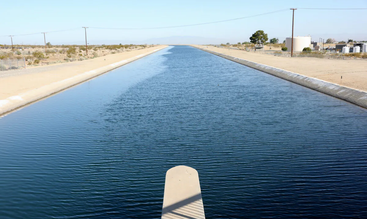 Water flows through the California Aqueduct, which moves water from northern California to the state's drier south, as it passes through the Mojave Desert in Pearblossom, Calif., on May 4, 2022. (Mario Tama/Getty Images)