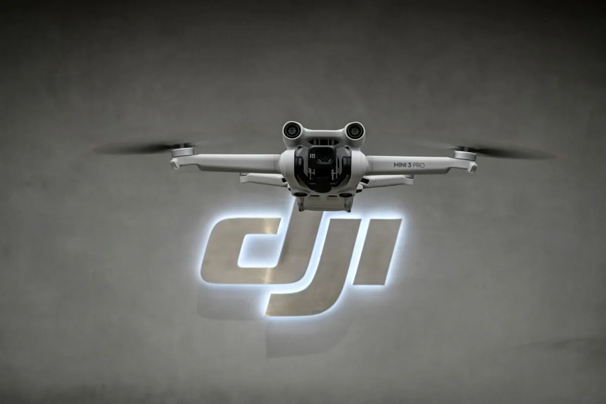 A drone in flight at a DJI store in Shenzhen, Guangdong Province, China, on July 12, 2022. (Jade Gao/AFP via Getty Images)