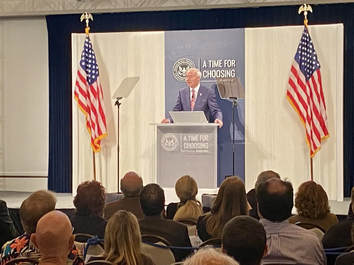 Arkansas Gov, Asa Hutchinson speaks at the Ronald Reagan Presidential Library in Simi Valley, Calif., on Nov. 30, 2022. (Jill McLaughlin/The Epoch Times)