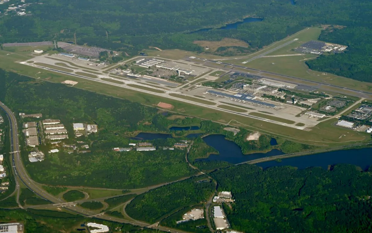 Aerial view of Raleigh-Durham International Airport (RDU) in Cedar Fork Township, N.C., on April 27, 2022. (Daniel Slim/AFP via Getty Images)
