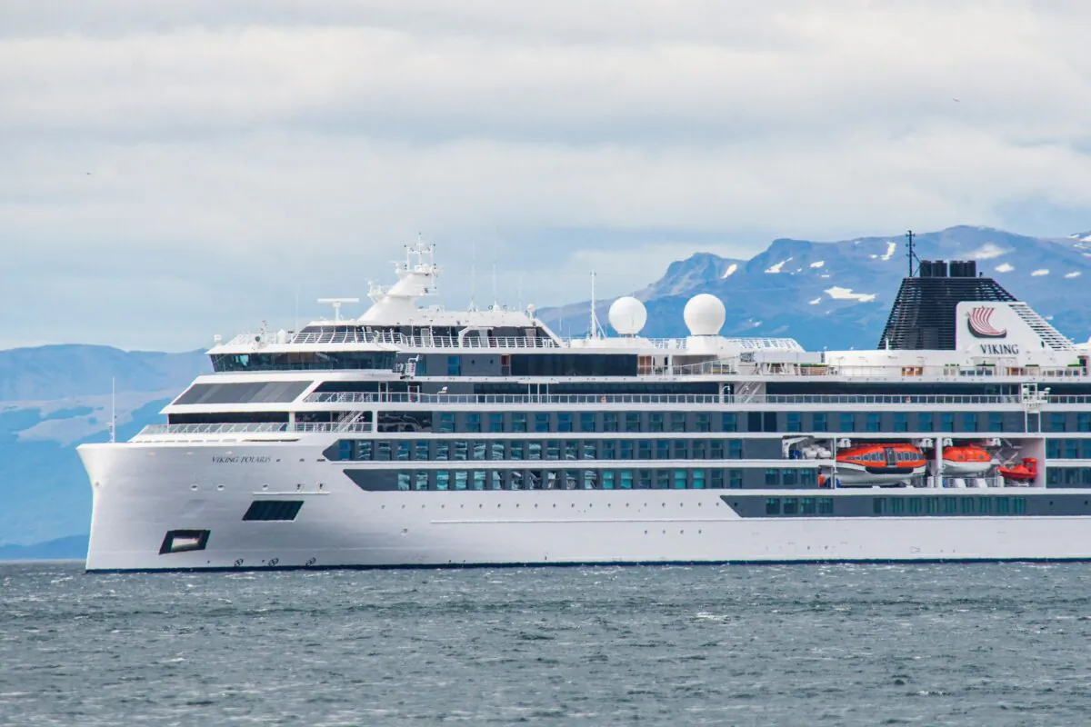 The Norwegian-flagged cruise ship Viking Polaris anchored in waters of the Atlantic Ocean in Ushuaia, southern Argentina, on Dec. 1, 2022. (Alexis Delelisi/AFP via Getty Images)