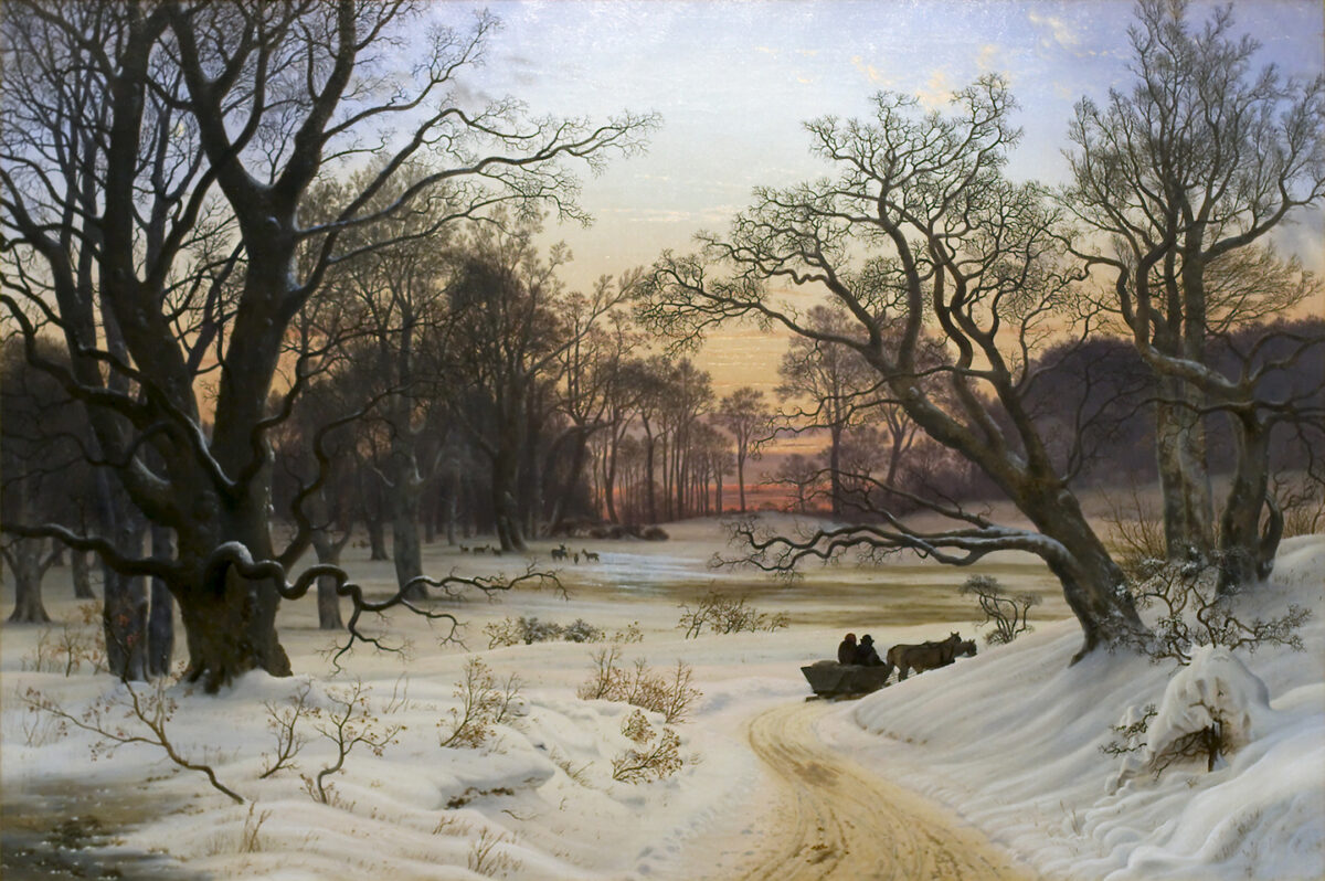 “森林中的冬夜”,1853 年,维尔海姆·基恩 (Vilhelm Kyhn)。 布面油画。 丹麦国家美术馆,哥本哈根。 (公共区域)