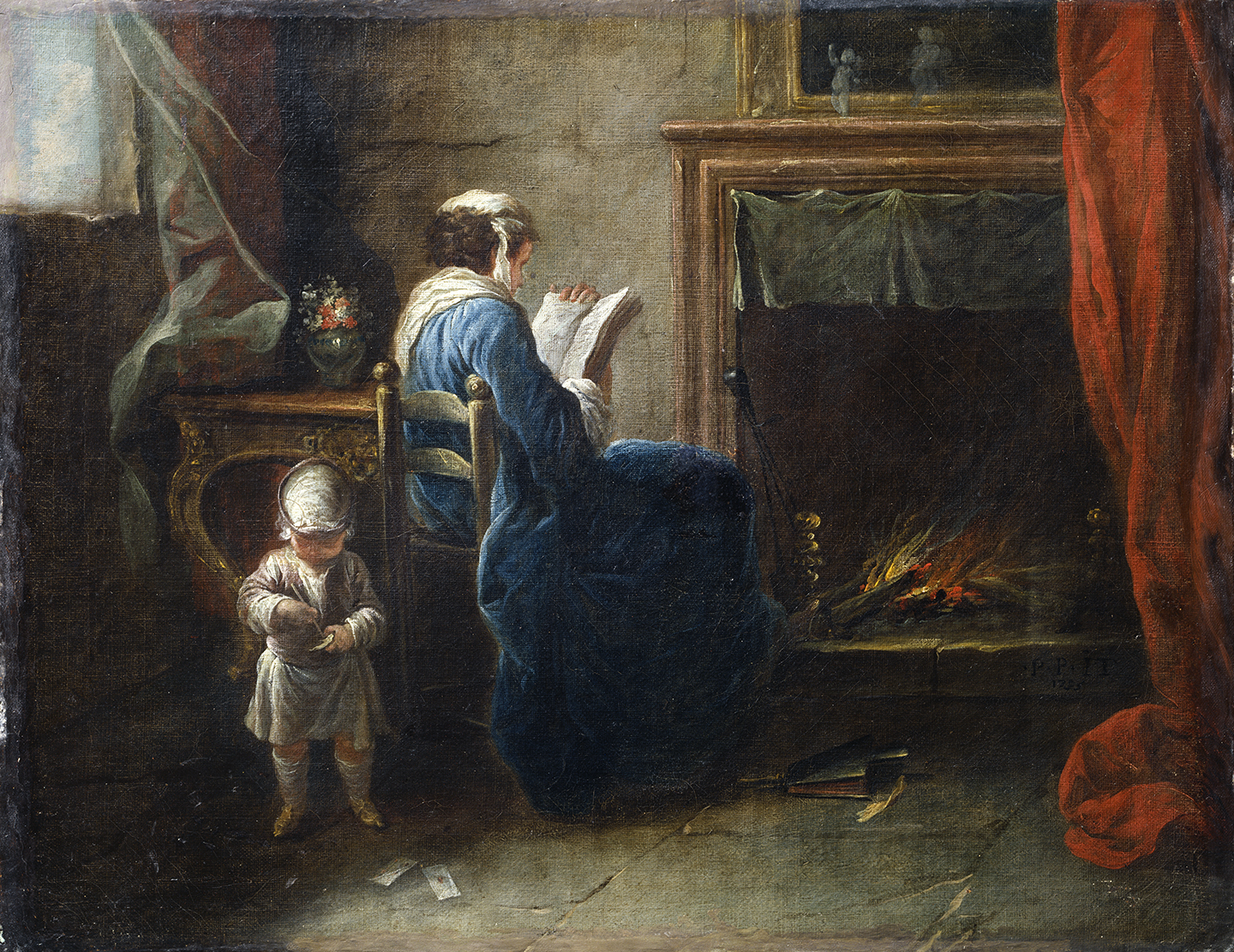 “壁炉前看书的女人”,1735 年,皮埃尔·帕罗塞尔 (Pierre Parrocel)。