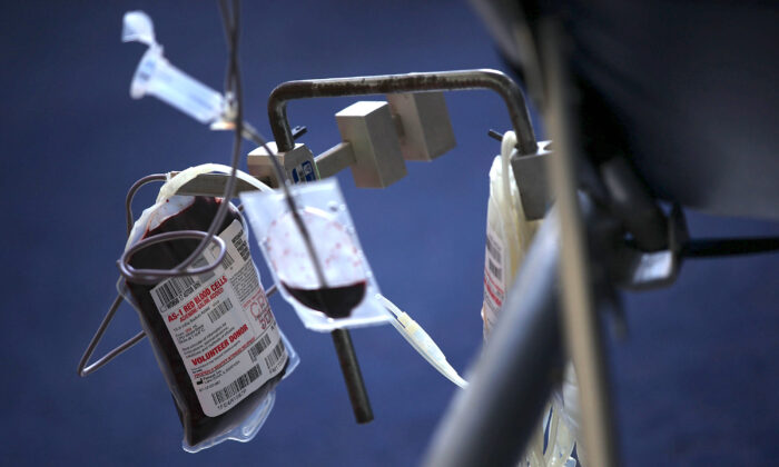 Blood is collected from a donor into a bag during a blood drive on Capitol Hill in Washington, DC on June 20, 2017. (Alex Wong/Getty Images)