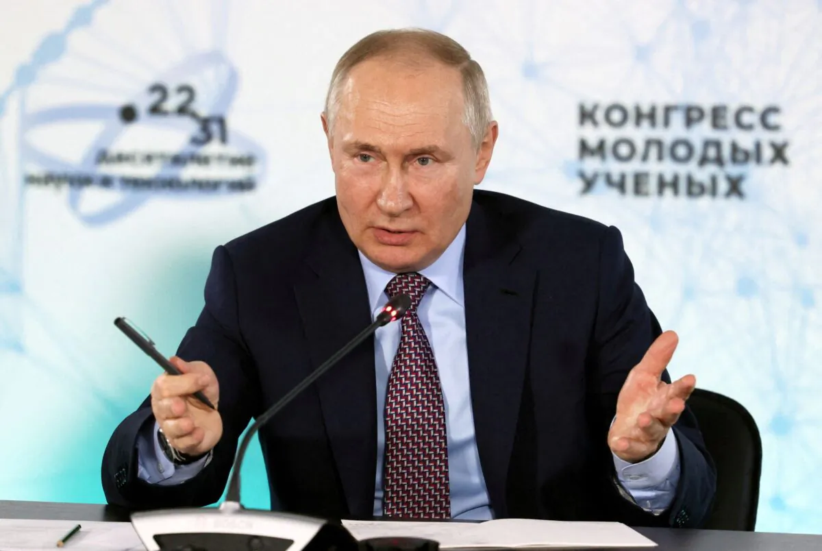 Russian President Vladimir Putin attends the Young Scientists Congress in Sochi, Russia, on Dec. 1, 2022. (Mikhail Metzel/Sputnik/Pool via Reuters)