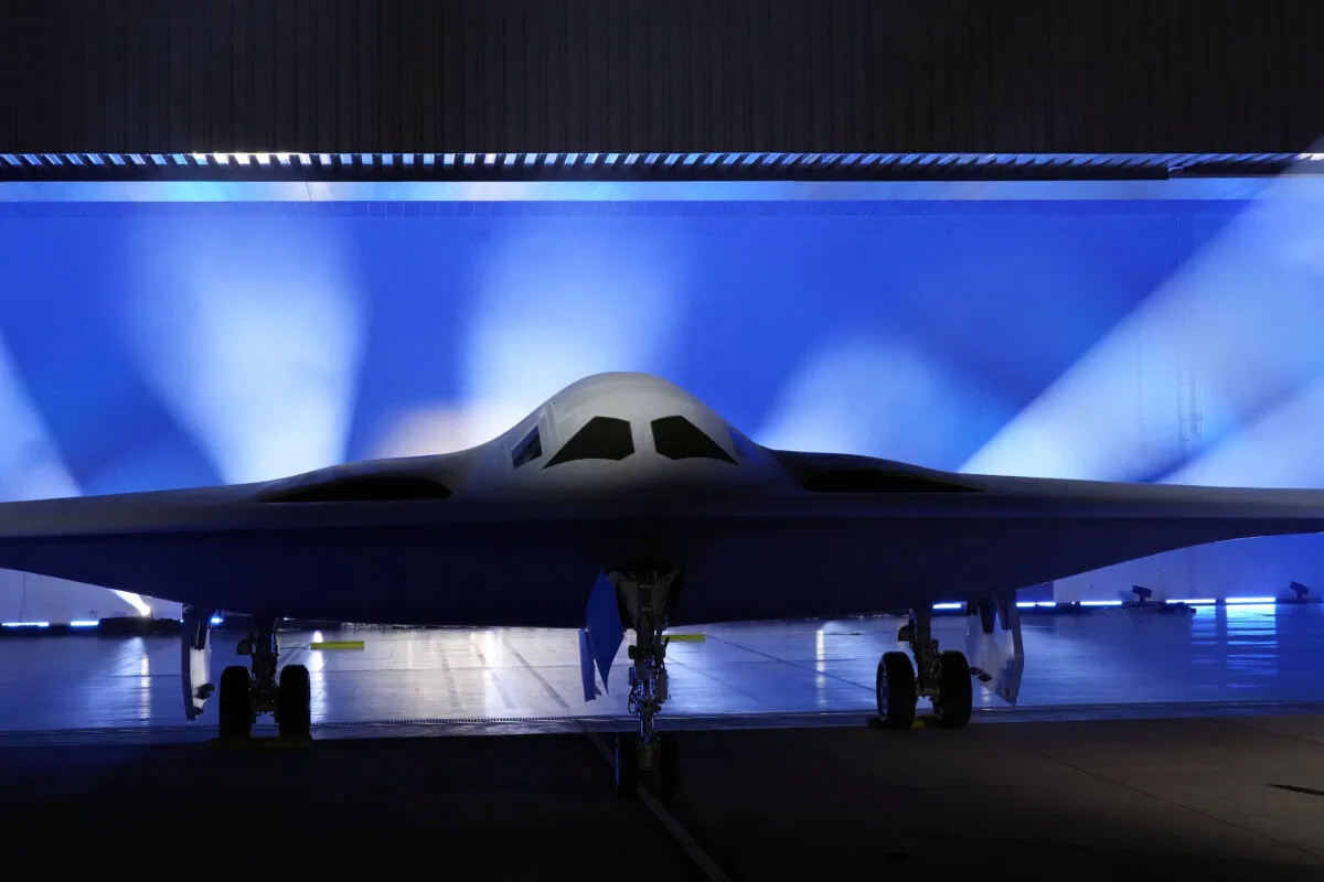 The B-21 Raider stealth bomber is unveiled at Northrop Grumman in Palmdale, Calif., on Dec. 2, 2022. (Marcio Jose Sanchez/AP Photo)