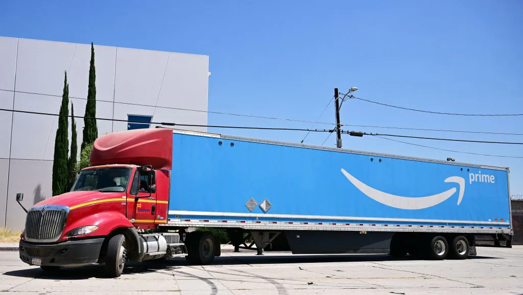 An Amazon Prime truck driver attempts a turn in Los Angeles, California on Amazon Prime Day, July 12, 2022. (Frederic J. Brown/AFP via Getty Images)
