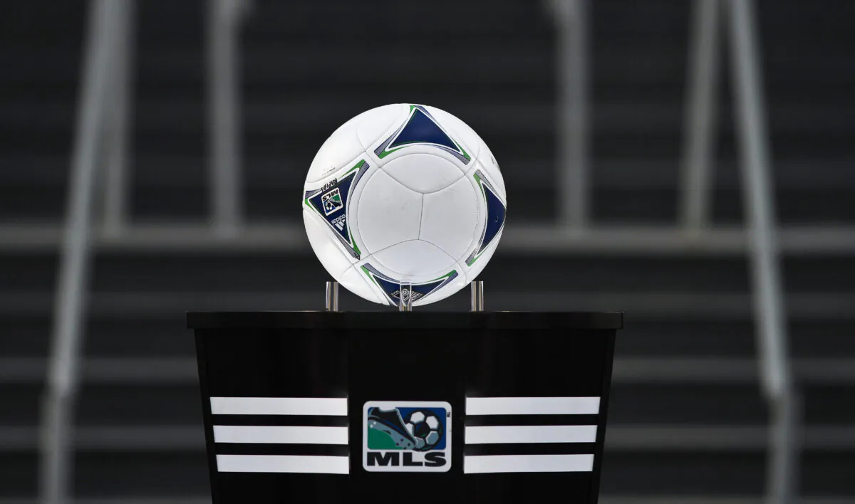 An MLS soccer game ball sits on a pedestal before the Colorado Rapids play the Portland Timbers during their game at Dick's Sporting Goods Park, in Commerce City, Colorado, on June 30, 2012. (Marc Piscotty/Getty Images)
