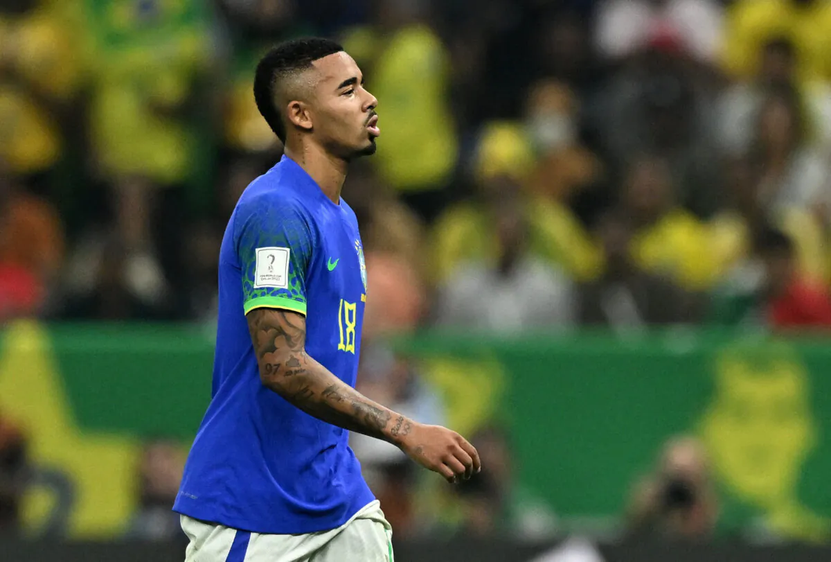 Brazil's Gabriel Jesus reacts during the FIFA World Cup Qatar 2022 soccer match between Cameroon and Brazil at Lusail Stadium, Lusail, in Qatar, on Dec. 2, 2022.  (Dylan Martinez/Reuters)