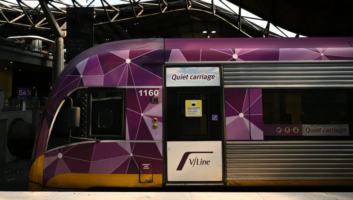 A V-Line train at Southern Cross Station in Melbourne, Australian, on Jan. 24, 2022. (AAP Image/Joel Carrett)