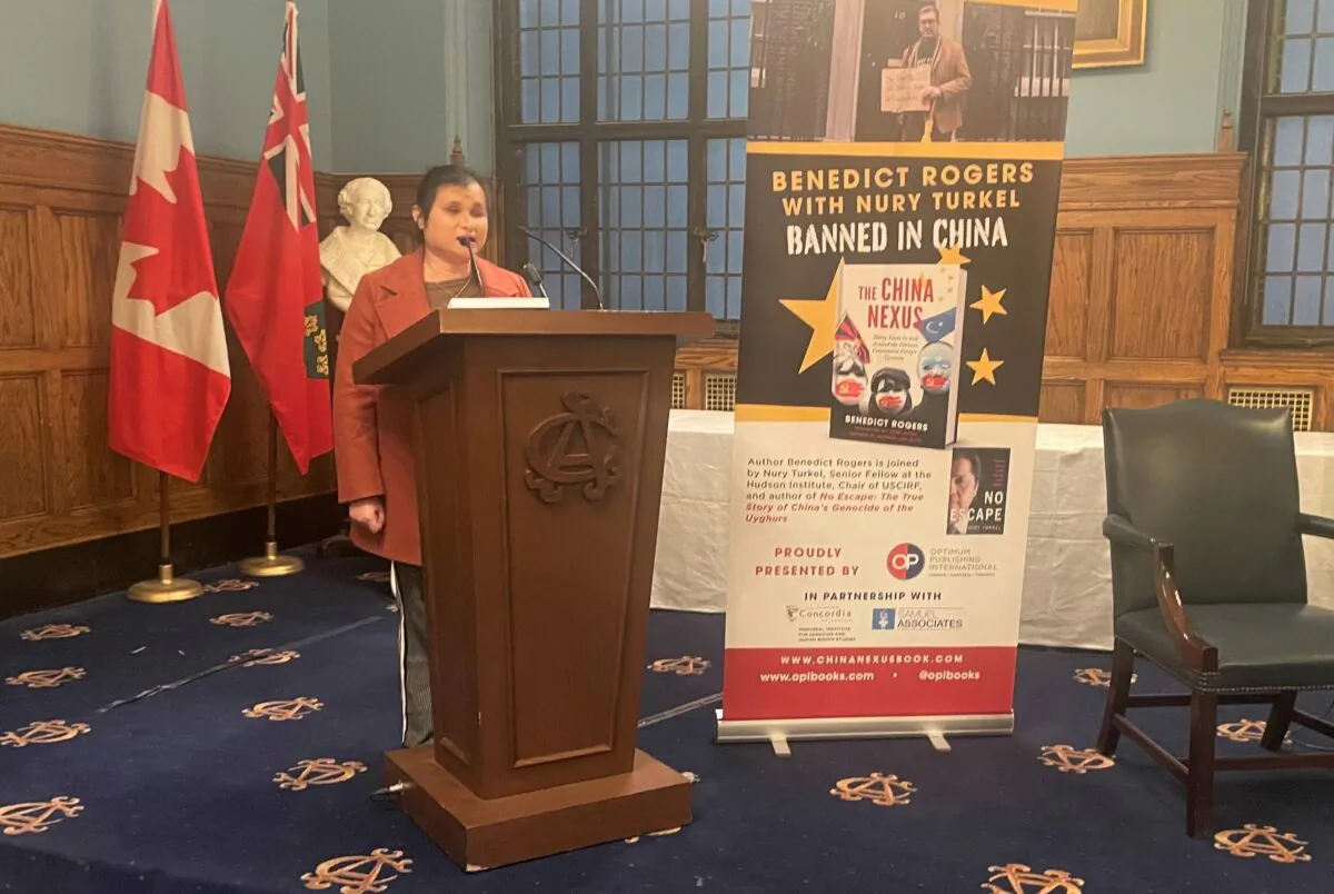 Hong Kong Lawyer Joy Luk speaks at a book launch event for “China Nexus” in Toronto on Nov. 25, 2022. (Omid Ghoreishi/The Epoch Times)