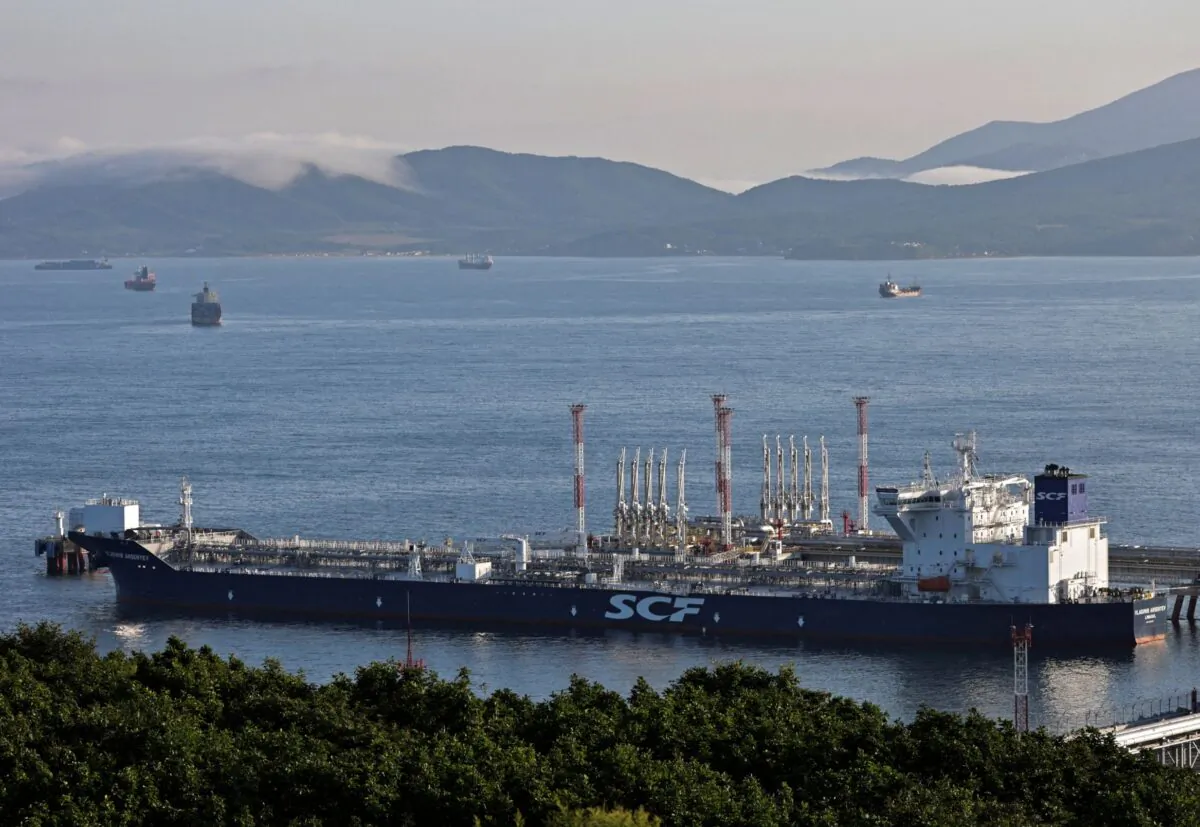 An aerial view shows the Vladimir Arsenyev tanker at the crude oil terminal Kozmino on the shore of Nakhodka Bay near the port city of Nakhodka, Russia, on Aug. 12, 2022. (Tatiana Meel/Reuters)