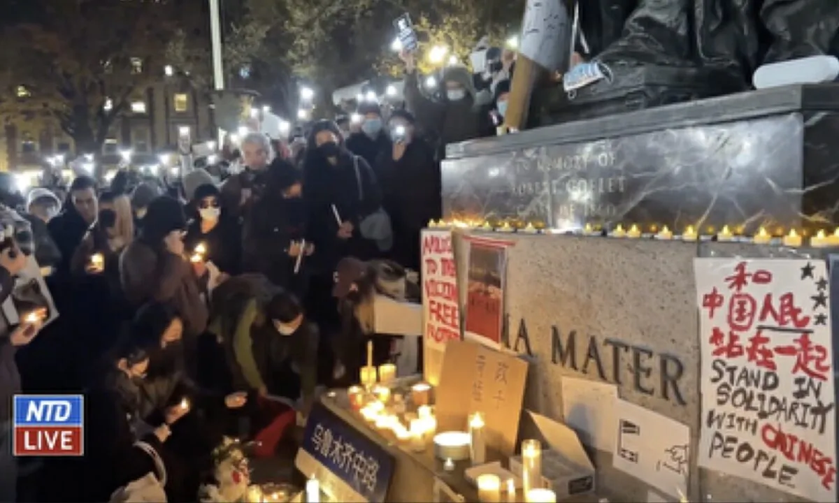 Chinese students held a rally in solidarity with the protesters in China, at Columbia University in New York on Nov. 28. (New Tang Dynasty Television)