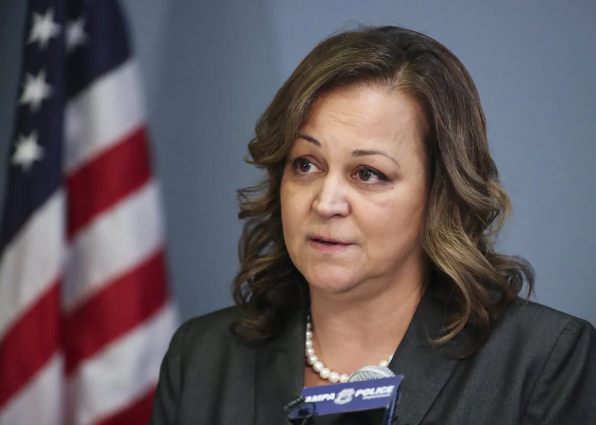 Mary O'Connor addresses reporters during a news conference at the Tampa Police Department headquarters in Tampa, Fla., on Feb. 8, 2022. (Dirk Shadd/Tampa Bay Times via AP)