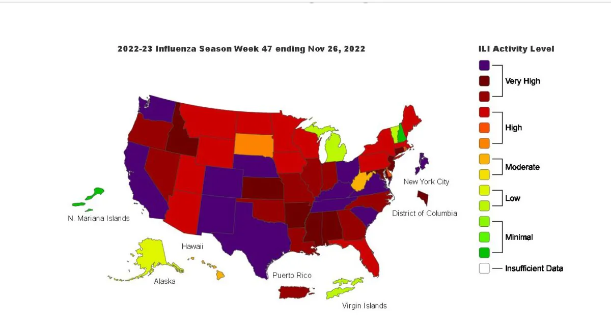 The CDC's influenza map as of Nov. 26, 2022. (CDC)