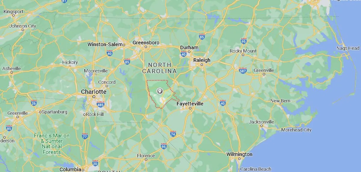 Power outages were reported in Moore County, North Carolina, on Dec. 3 and Dec. 4, 2022. Officials say that criminal activity may be involved. (Google Maps/Screenshot via The Epoch Times)
