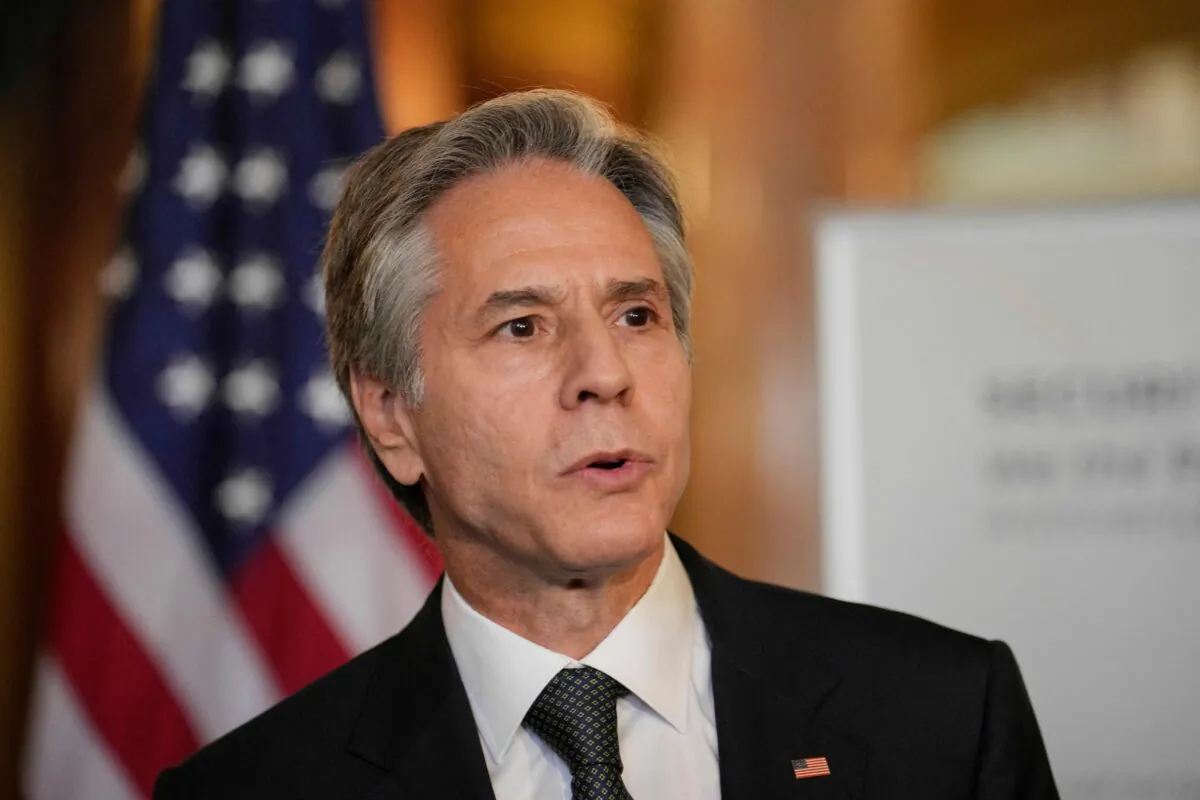 U.S. Secretary of State Antony Blinken delivers a speech during a visit at the Romanian Athenaeum in Bucharest, Romania, on Nov. 29, 2022. (Vadim Ghirda/Pool/AFP via Getty Images)
