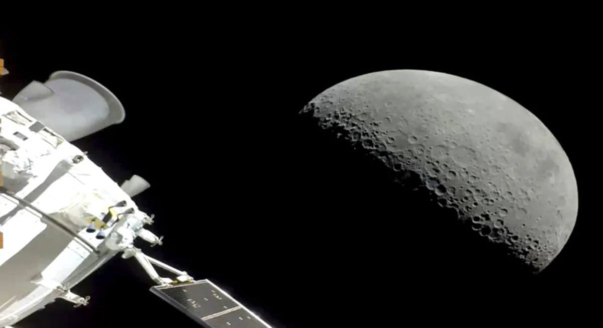 NASA's Orion spacecraft flies past the moon on Dec. 5, 2022. (NASA via AP)