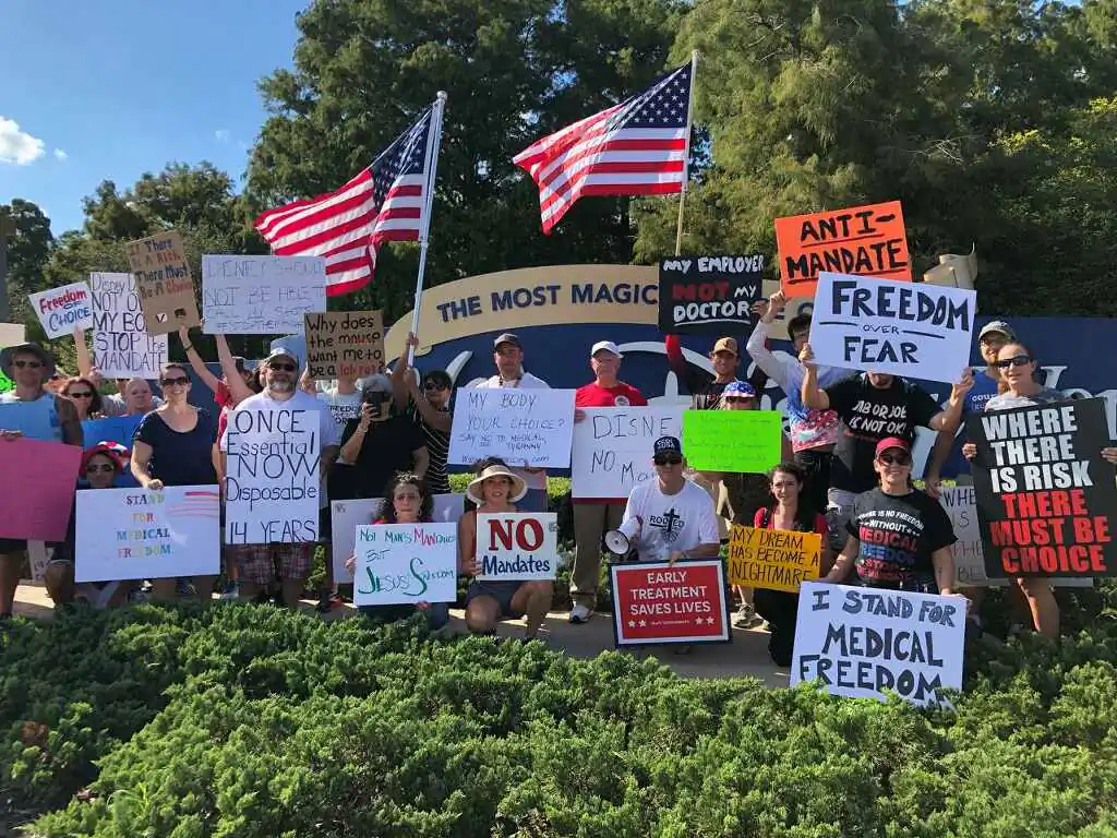 Walt Disney World employees protest against the company's vaccine policies in Orlando, Fla., on Oct. 2, 2022. (Courtesy of Nick Caturano)
