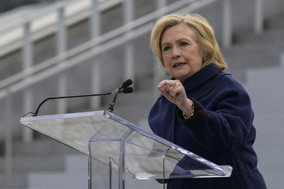 Former U.S. Secretary of State Hillary Clinton speaks at an event at the Franklin D. Roosevelt Four Freedoms State Park in New York City on Nov. 28, 2022. (Angela Weiss/AFP via Getty Images)