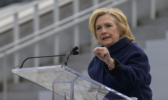 Former U.S. Secretary of State Hillary Clinton speaks at an event at the Franklin D. Roosevelt Four Freedoms State Park in New York City on Nov. 28, 2022. (Angela Weiss/AFP via Getty Images)