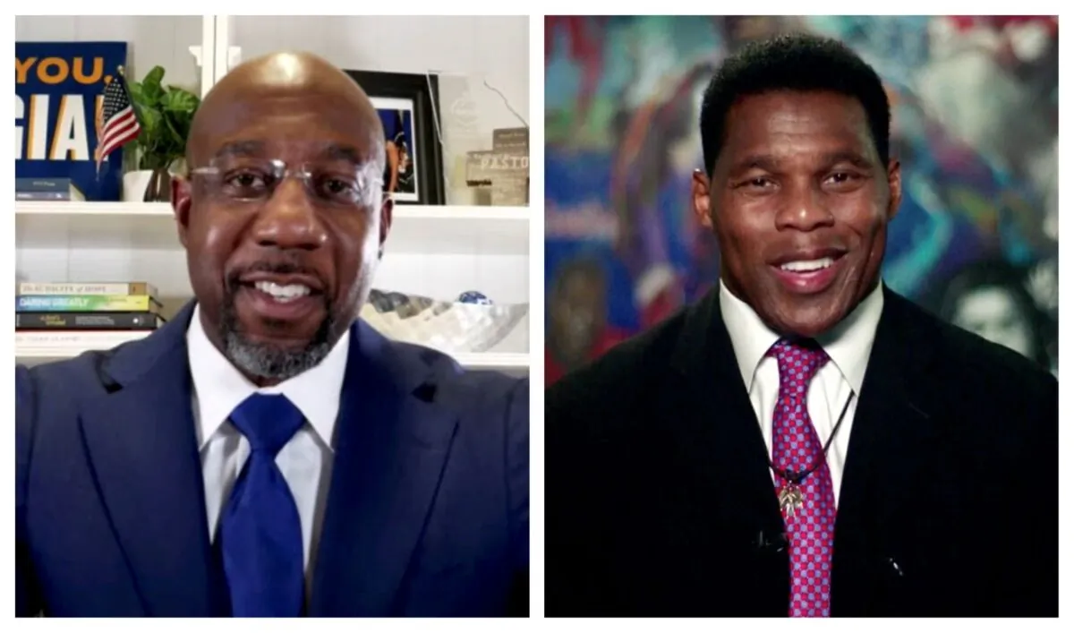 (R) Former NFL player Herschel Walker speaks by video feed during the largely virtual 2020 Republican National Convention broadcast from Washington on Aug. 24, 2020. (2020 Republican National Convention/Handout via Reuters); (L) Democratic U.S. Senate candidate Raphael Warnock speaks on his campaign's Youtube account after the runoff election against Republican Senator Kelly Loeffler in Atlanta, Ga., on Jan. 6, 2021. (Warnock for Georgia/Social Media via Reuters)