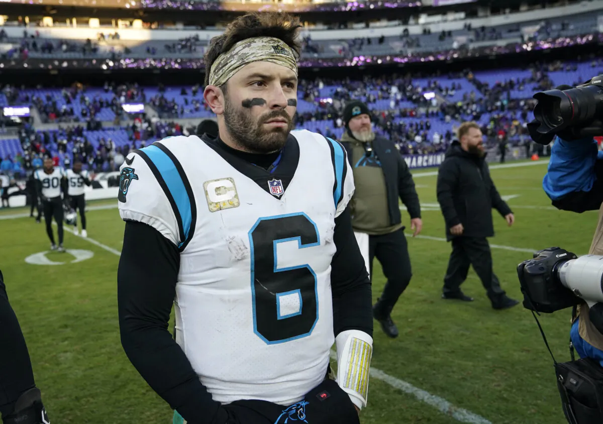 Carolina Panthers quarterback Baker Mayfield (6) walks off the field after his teams loss to the Baltimore Ravens after an NFL football game in Baltimore, on Nov. 20, 2022. (Patrick Semansky, AP Photo)