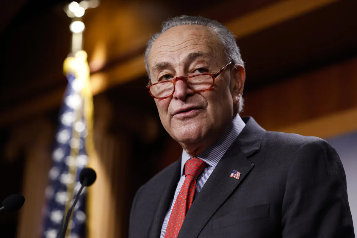 Senate Majority Leader Chuck Schumer (D-N.Y.) speaks at a press conference on the Senate Democrats expanded majority for the next 118th Congress at the U.S. Capitol Building in Washington on Dec. 7, 2022. (Anna Moneymaker/Getty Images)