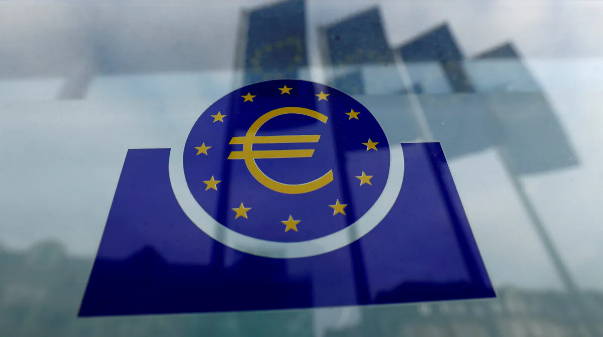 The European Central Bank (ECB) logo in Frankfurt, Germany, on Jan. 23, 2020. (Ralph Orlowski/Reuters)
