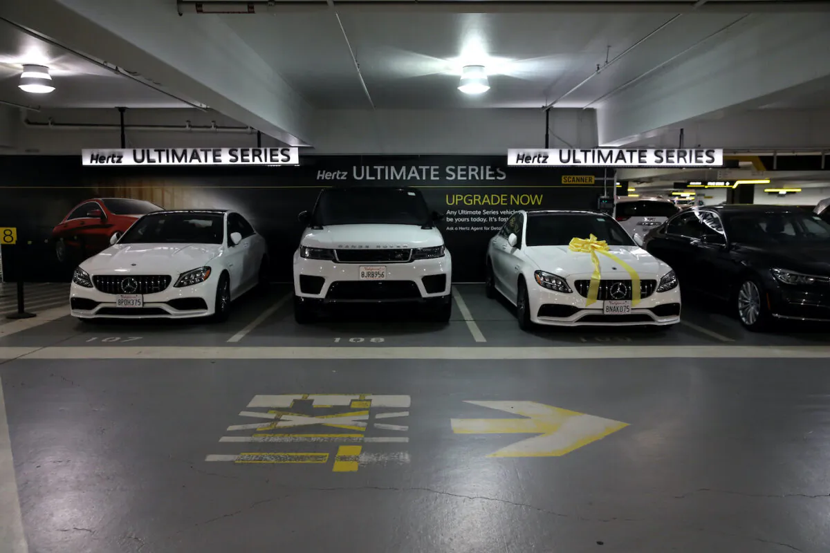 Cars at the Hertz Rent-A-Car rental lot at San Francisco International Airport, Calif. on April 30, 2020. (Justin Sullivan/Getty Images)