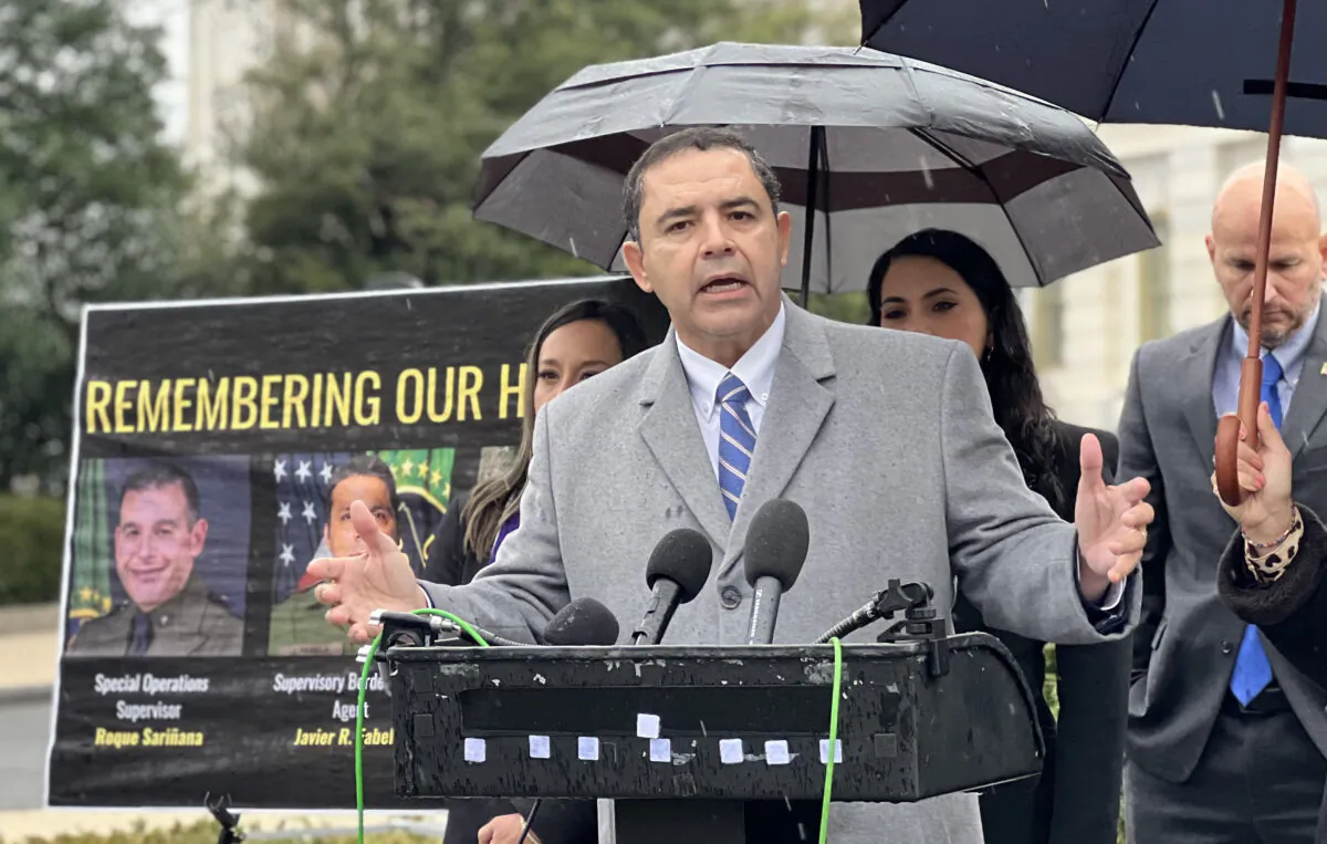 Rep. Henry Cuellar (D-Texas) spoke at the Bipartisan Representatives' conference about border patrol suicide rates at the House Triangle in Washington on Dec. 7, 2022. (Madalina Vasiliu/The Epoch Times)