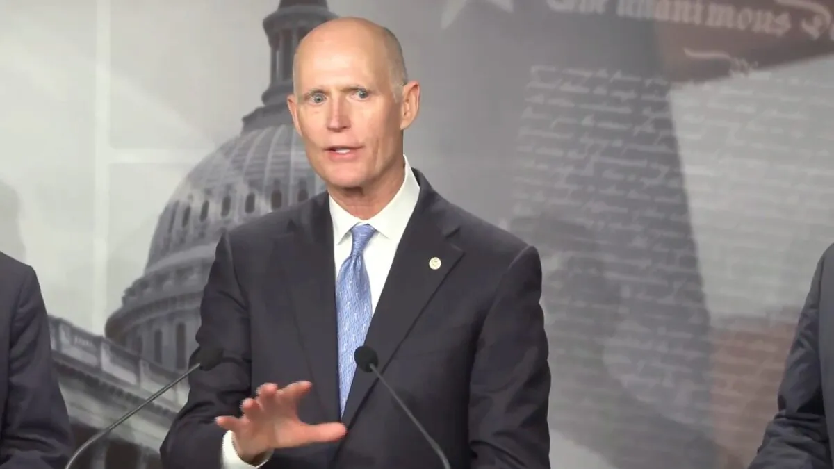 Sen. Rick Scott (R-Fla.) speaks at a press conference about Democrats’ massive omnibus spending bill in Washington on Dec. 7, 2022, in a still from a livestream released by NTD. (NTD)