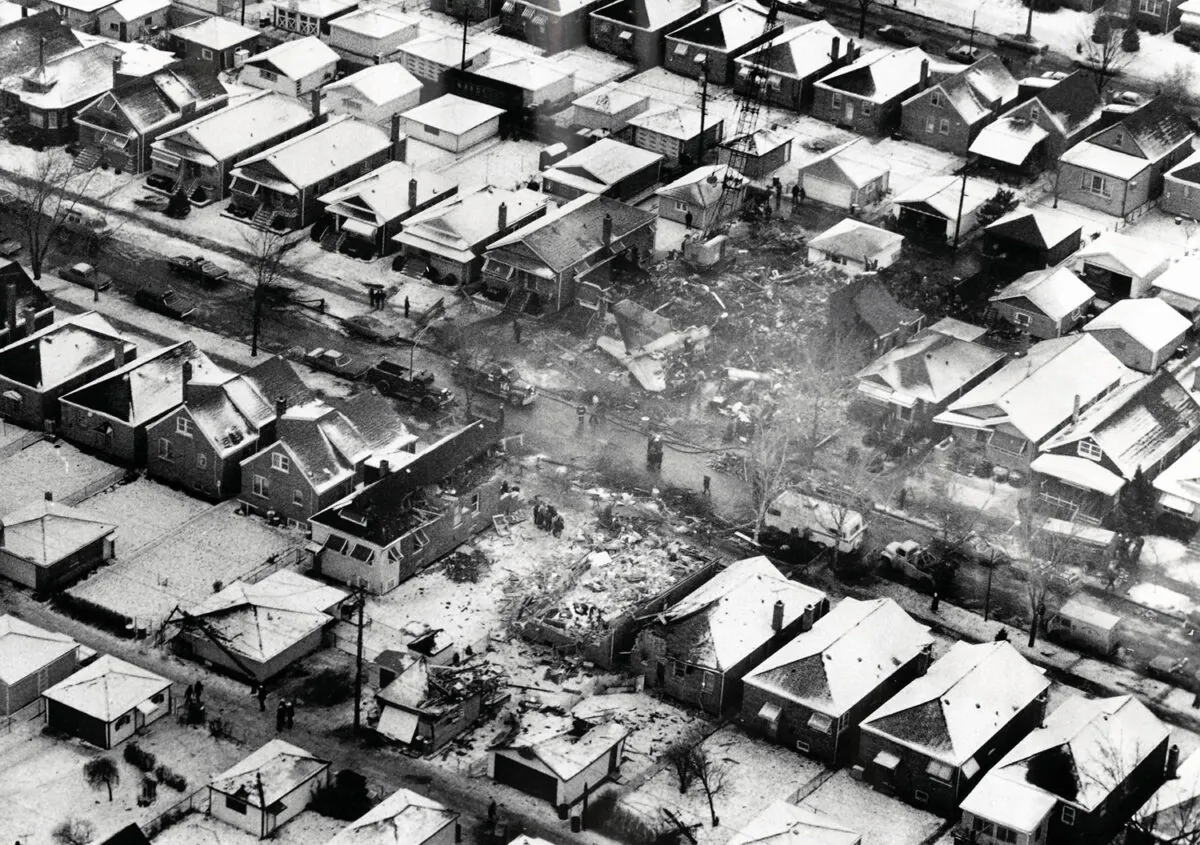 A photo shows the aftermath of the crash of United Airlines 553 on the neighborhood of West Lawn on Chicago's southwest side on Dec. 8, 1972. (Courtesy of National Transportation Safety Board)