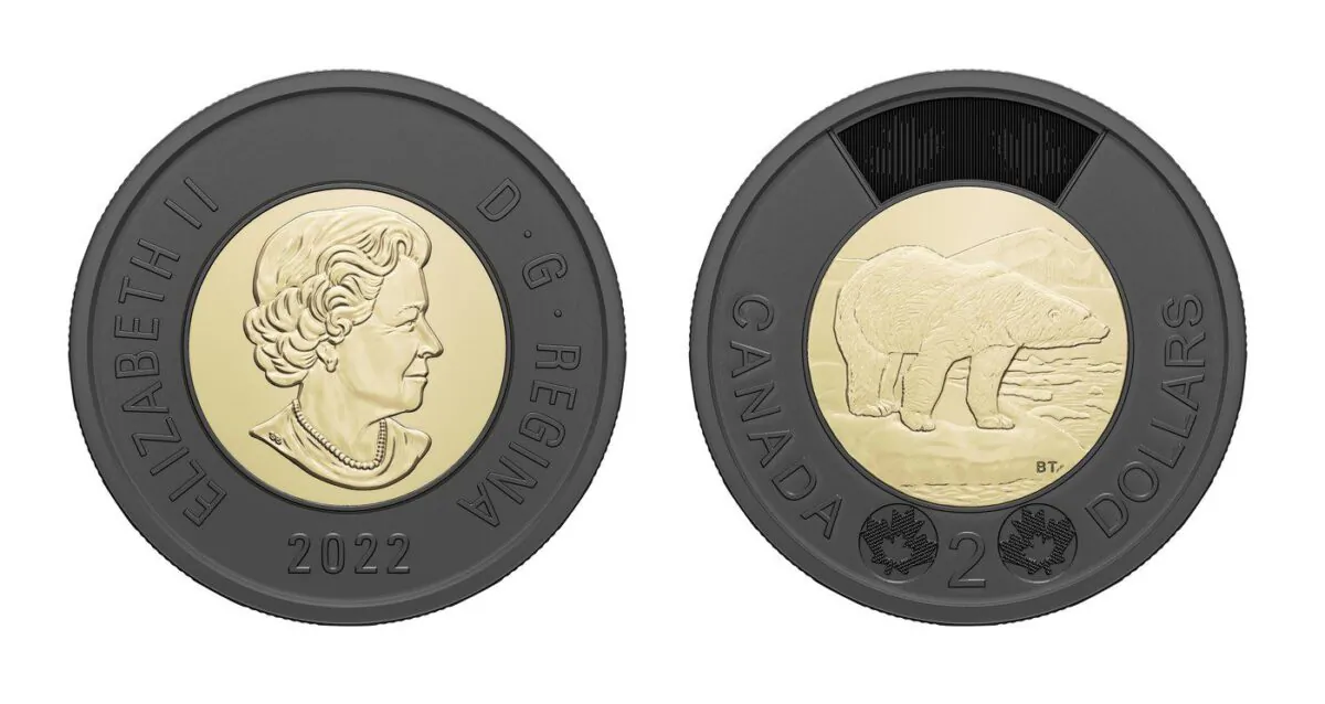 The Royal Canadian Mint has issued a $2 circulation coin, shown in a handout photo, featuring a black outer ring to honour Her Late Majesty Queen Elizabeth II's service to Canada during her historic 70-year reign. (The Canadian Press/HO-Royal Canadian Mint)