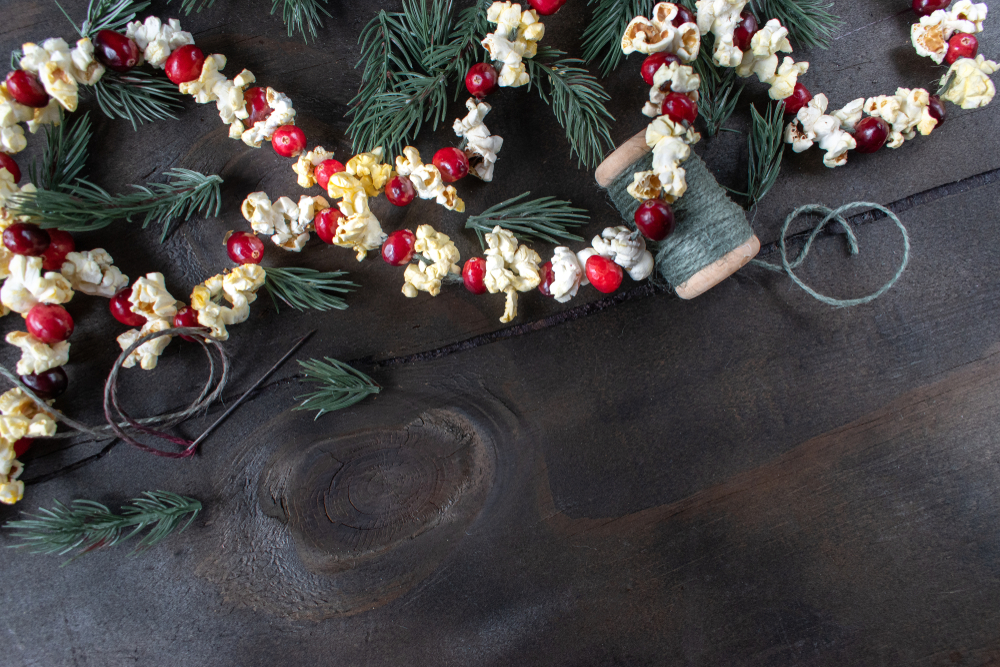 Christmas,Garland,Of,Red,Cranberries,And,Popcorn,Kernels,With,Copy