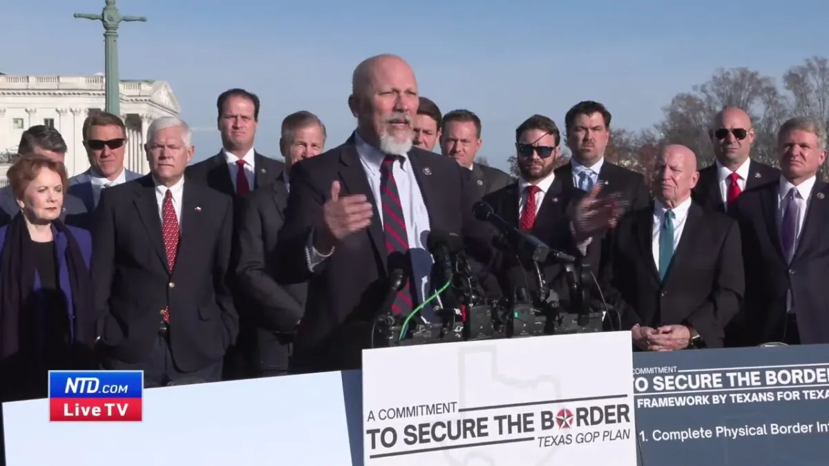 Rep. Chip Roy (R-Texas), along with other Republican members of the Texas Delegation, unveil their border security agenda for the 118th Congress at a press conference in Washington on Dec. 8, 2022, in a still from video released by NTD. (NTD)