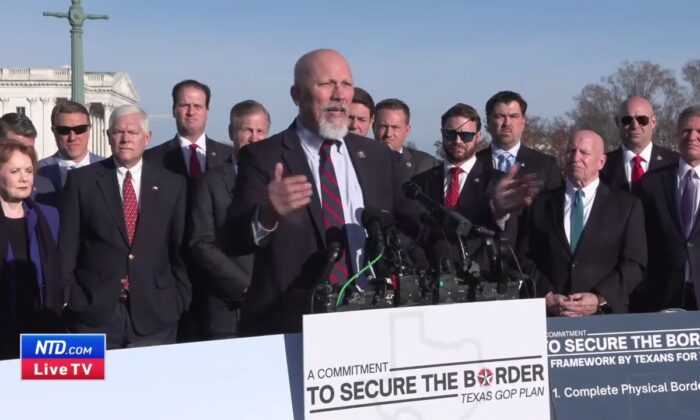 Rep. Chip Roy (R-Texas), along with other Republican members of the Texas Delegation, unveil their border security agenda for the 118th Congress at a press conference in Washington on Dec. 8, 2022, in a still from video released by NTD. (NTD)