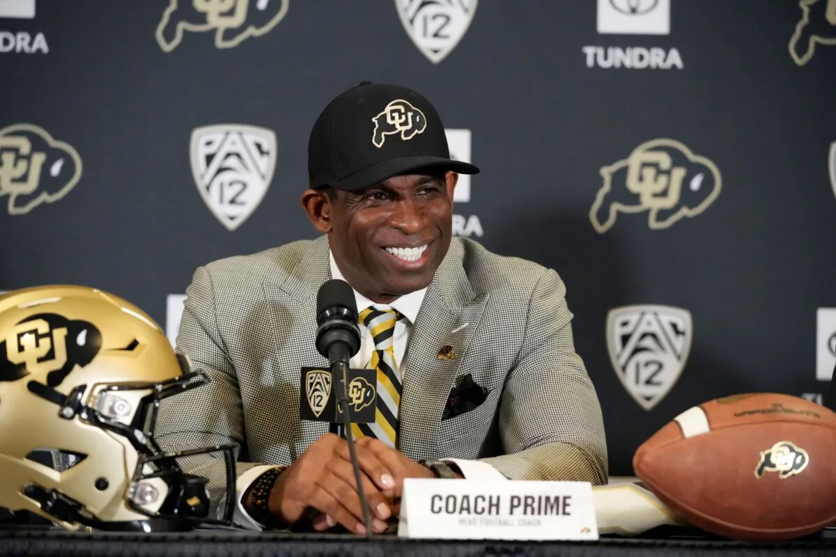 Deion Sanders speaks after being introduced as the new head football coach at the University of Colorado during a news conference in Boulder, Colo., on Dec. 4, 2022. (David Zalubowski/AP Photo)