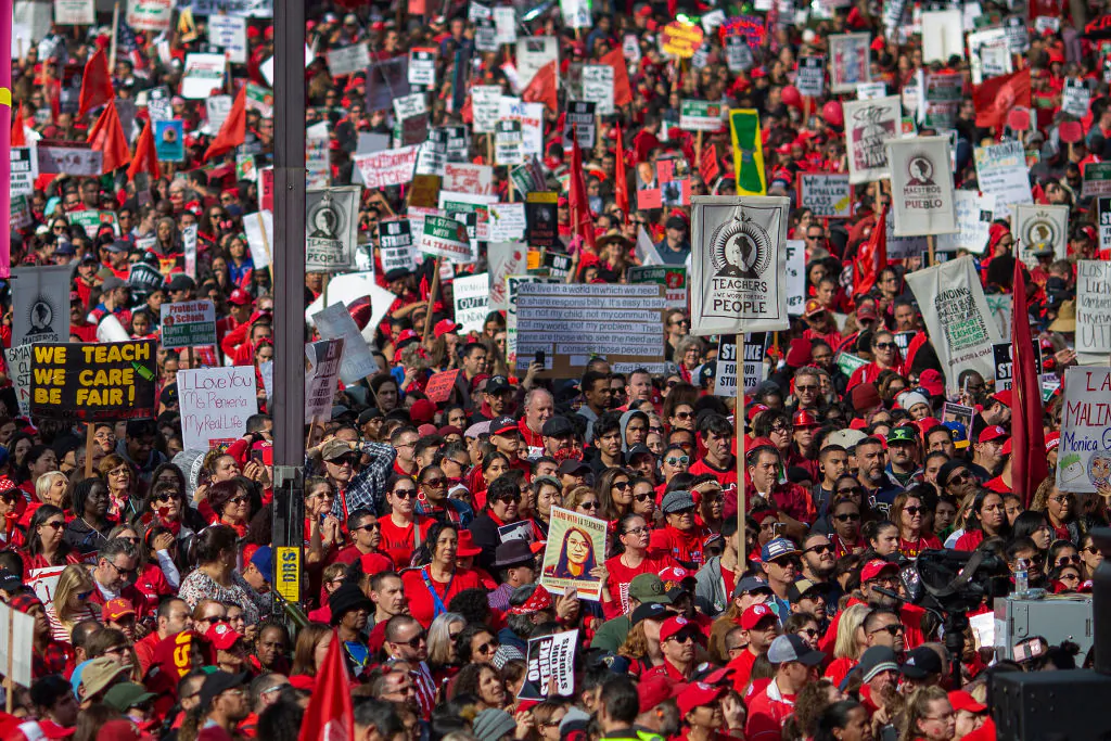 Striking teachers and supporters rally outside City Hall as negotiations resume on Jan. 18, 2019, in Los Angeles, California. (David McNew/Getty Images)