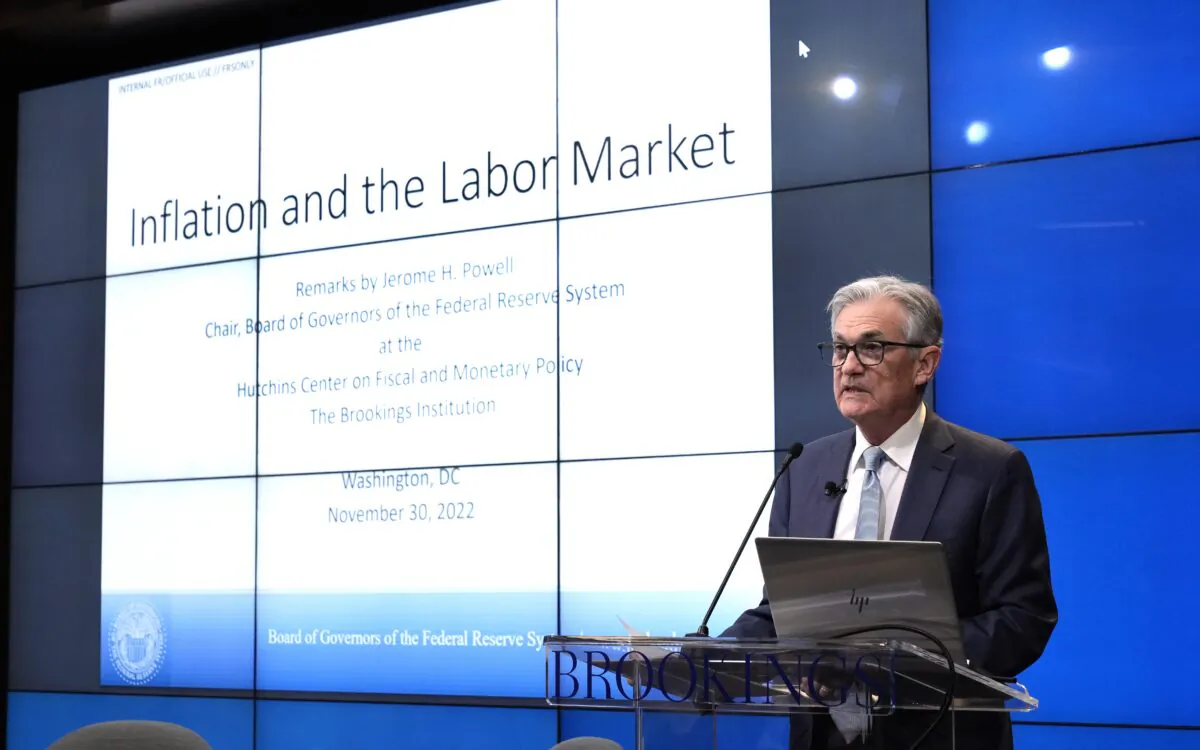 Fed Chair Jerome Powell speaks at the Brookings Institution in Washington, D.C., on Nov. 30, 2022. (Drew Angerer/Getty Images)