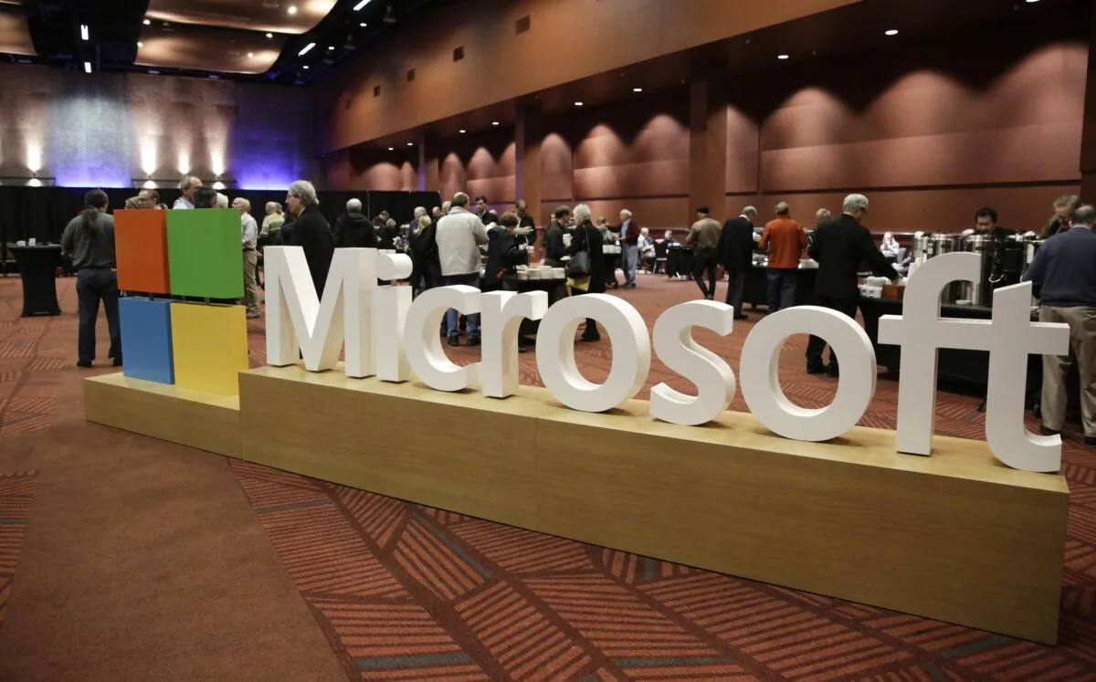 The Microsoft logo at the Microsoft Annual Shareholders Meeting in Bellevue, Wash., on Nov. 30, 2016. (Jason Redmond/AFP via Getty Images)