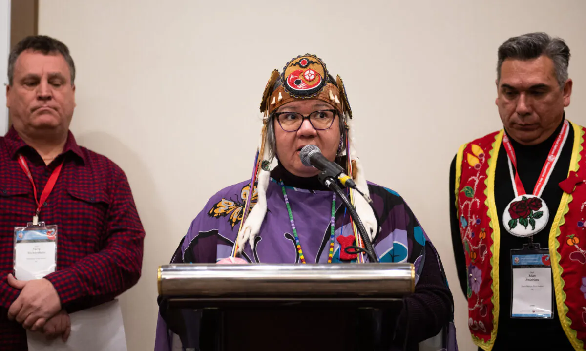 Assembly of First Nations National Chief, RoseAnne Archibald, speaks at a press conference on New Brunswick First Nations during the Assembly of First Nations Special Chiefs Assembly in Ottawa, Dec. 8, 2022. (The Canadian Press/Spencer Colby)